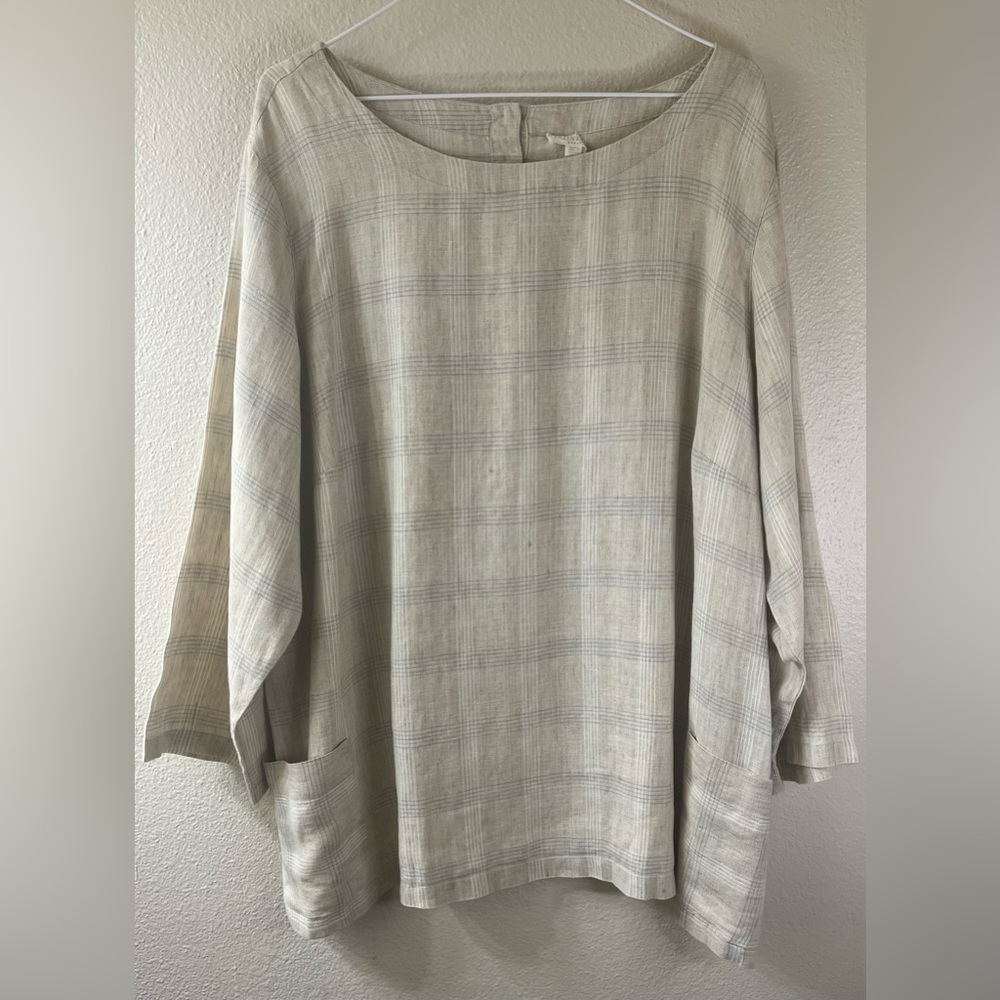 Eileen Fisher Organic Linen Catalan Plaid Tunic Button Back Detail 3/4 Sleeve 2X